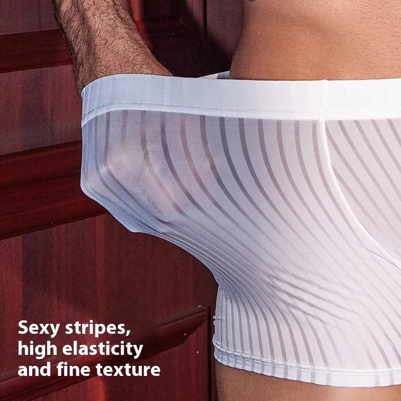 Men's black striped boxer briefs made from high elastic nylon fabric.