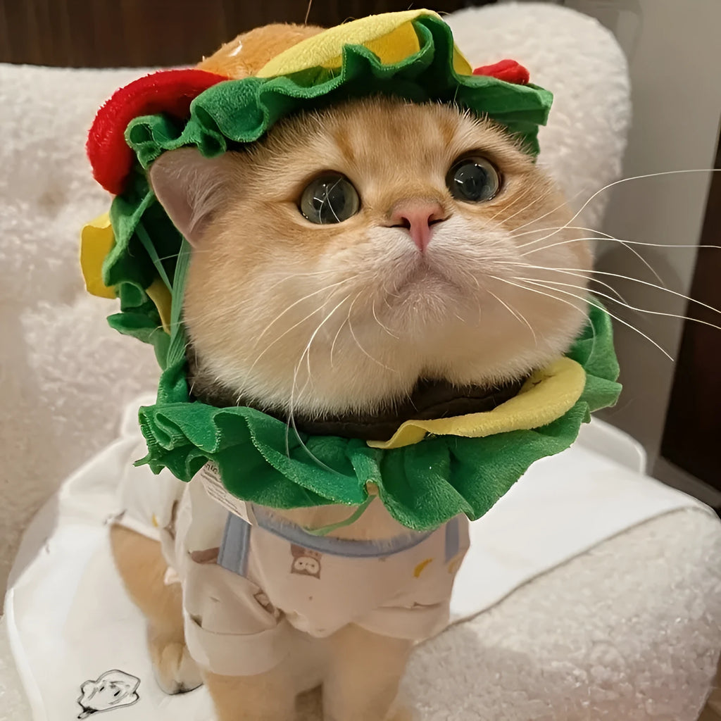 Burger-themed cat collar headdress with adjustable buckle in three sizes for pet dressing accessories