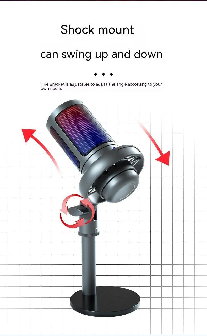 RGB USB condenser microphone for computer recording and live streaming in black, white, or pink