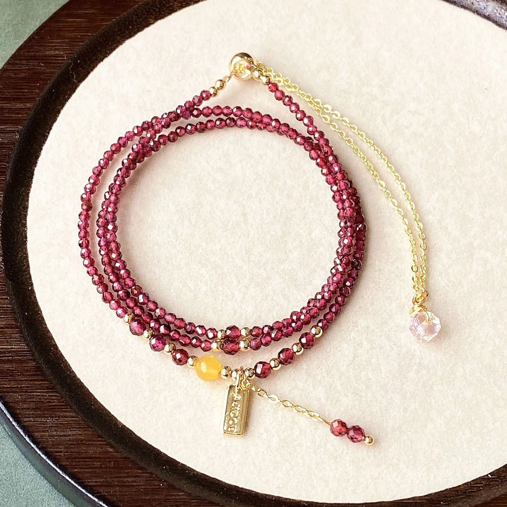 Garnet wine red three circle bracelet necklace with beeswax cut surface detailing