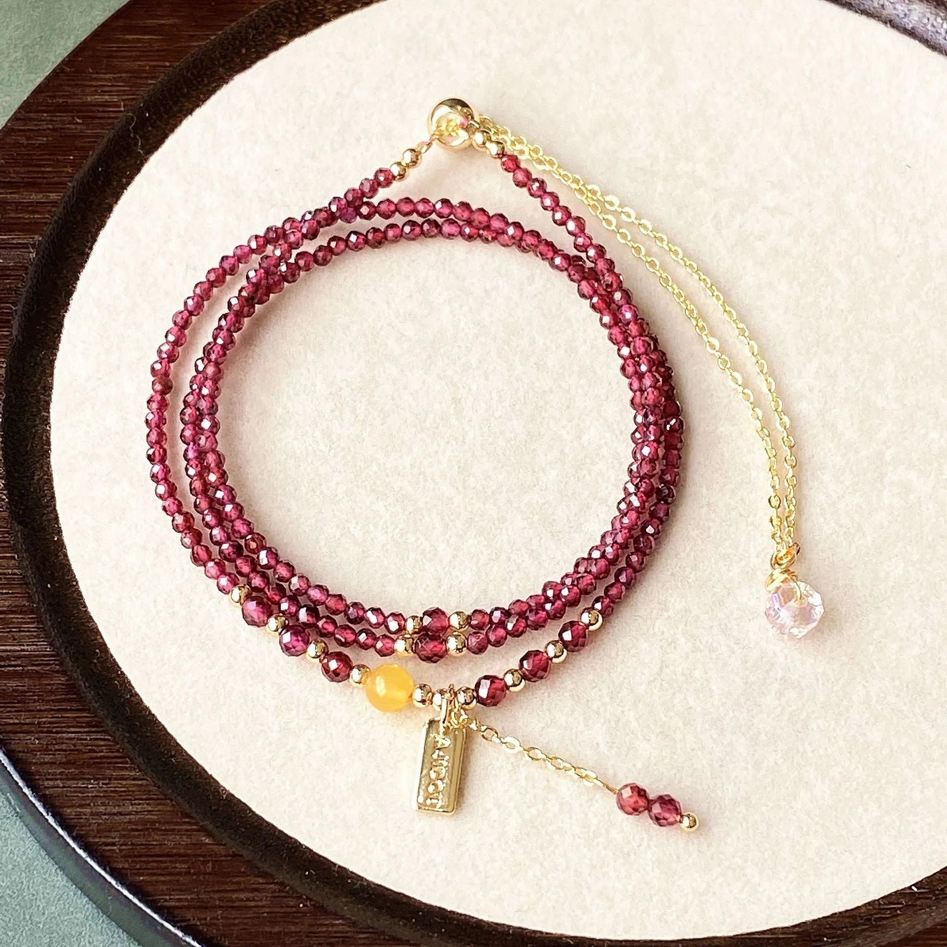 Garnet wine red three circle bracelet necklace with beeswax cut surface detailing