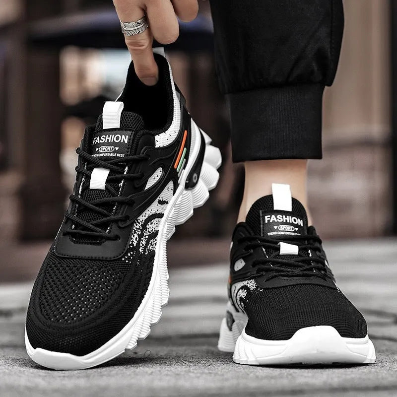 Men's platform casual running shoes in mesh with cross straps and rubber sole