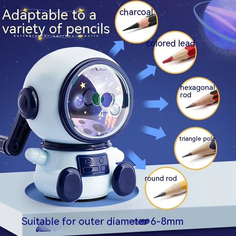 Blue astronaut cartoon manual pencil sharpener for children on a white background