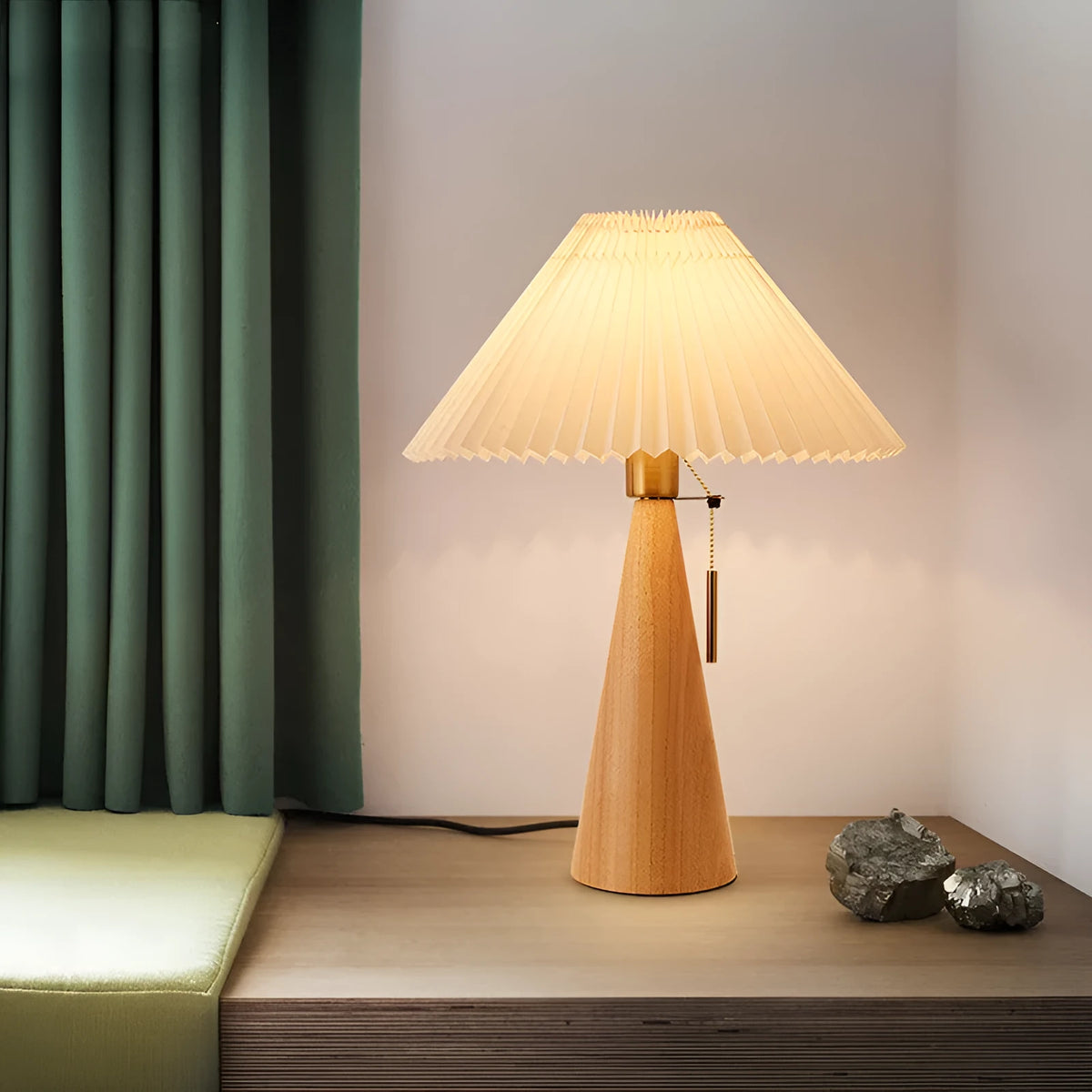 Handmade walnut wood small table lamp with beige pleated cloth shade and LED light on a desk