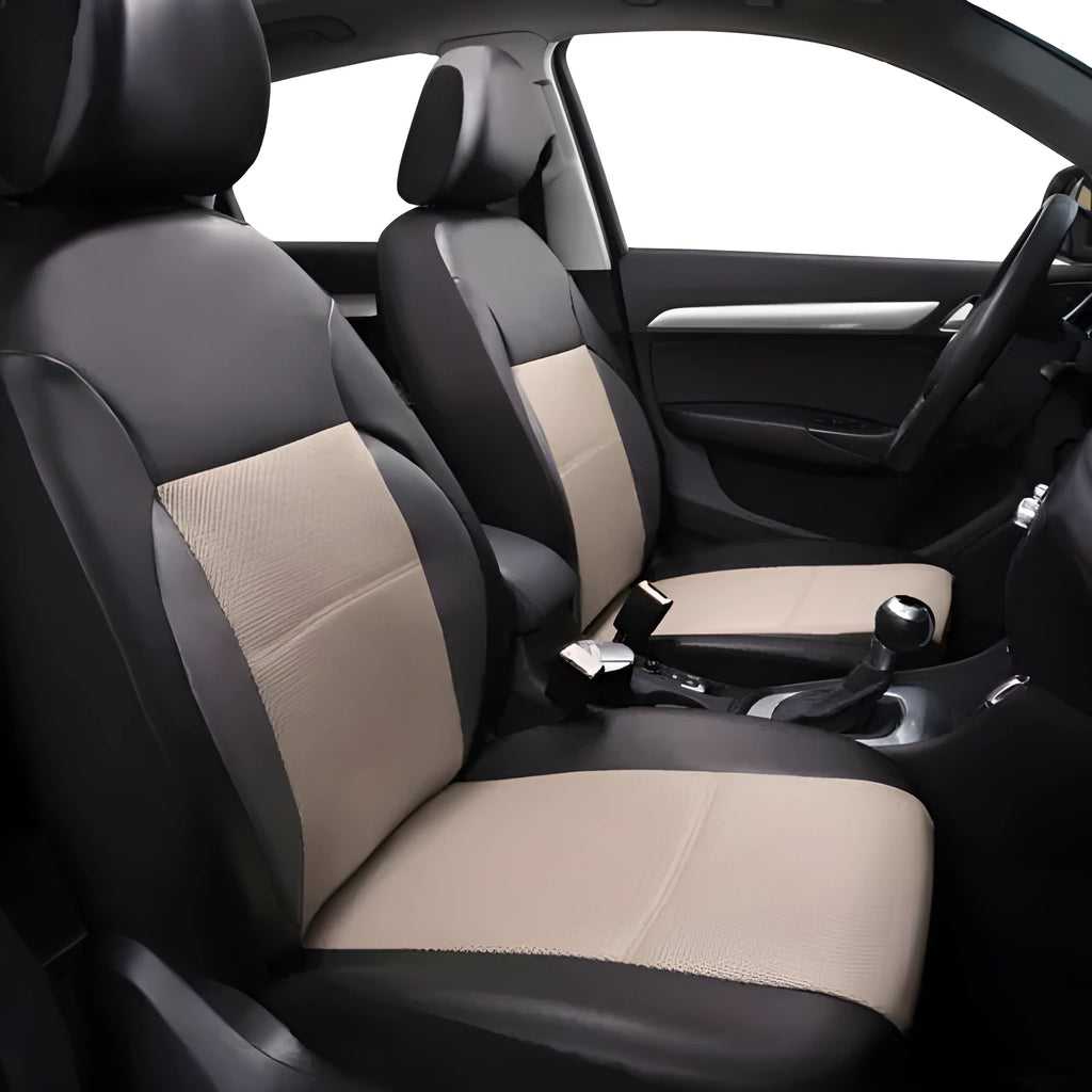 Set of artificial leather car seat covers in various colours showing headrest and seat pieces with hooks.