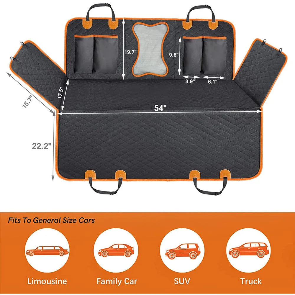 Black orange edge waterproof dog car seat cover with mesh window and accessory pocket