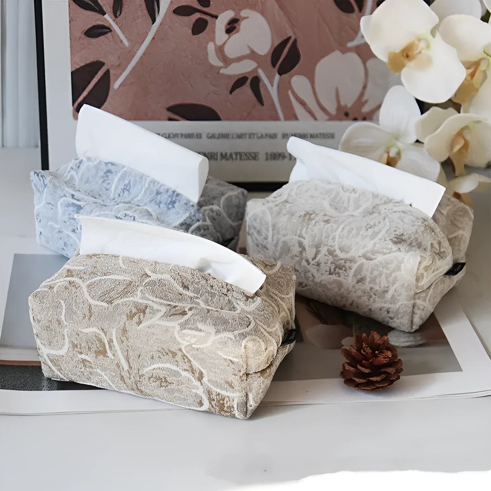 Chinese style floral print cotton fabric tissue box in beige, blue, or brown.