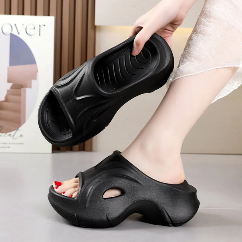 Women's thick-soled EVA foam slippers in rose red colour with round toe design