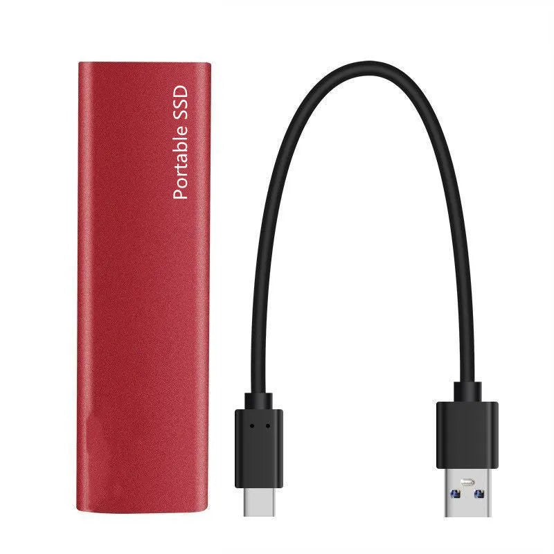 Ultra-thin metal mobile SSD expansion hard drive in red, black, blue, and silver colour options.