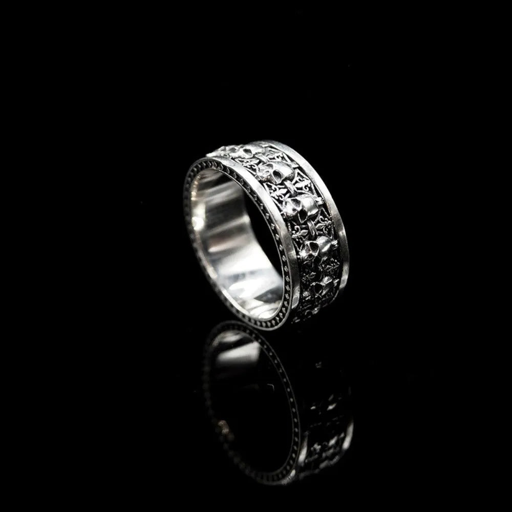 Unisex alloy skull ring with geometric ornament and retro gothic style, shown in one colour variant