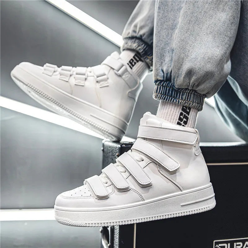Spring men's high-top board shoes in white with Velcro strap and platform sole side view
