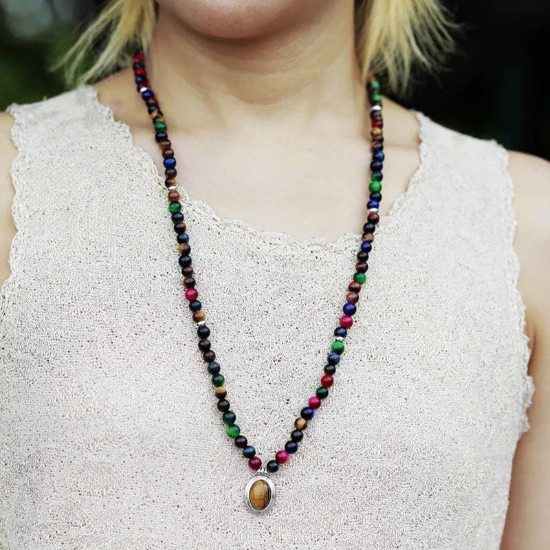 Colour tiger-eye natural stone necklace and bracelet set with wings, crown, infinite symbol, and heart-shaped pendants on ball bead chain