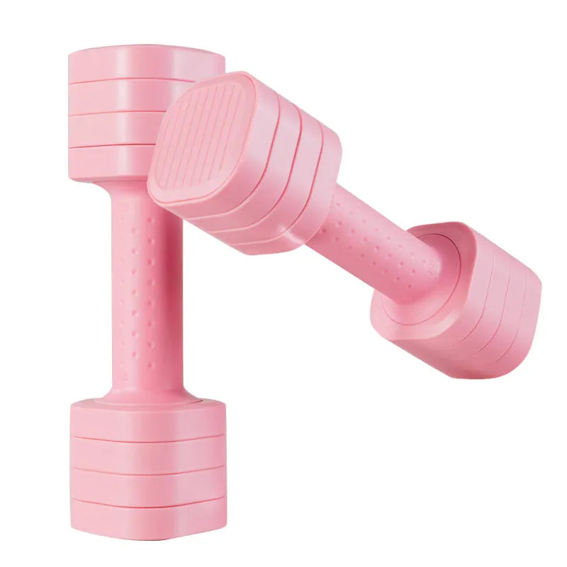 Set of pink 5 lb detachable ABS plastic dumbbells for women's fitness on a grey background.