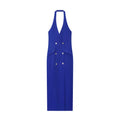 Blue knitted midi dress with hooded cross neck, long sleeves, mid waist, and pleated irregular skirt in striped check pattern.