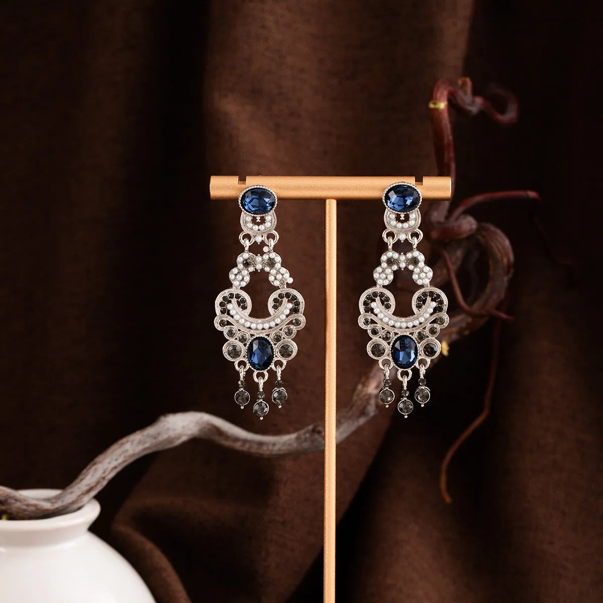 Pair of geometric retro earrings with chamfered square cubic zirconia in atmospheric blue, electroplated zinc alloy setting