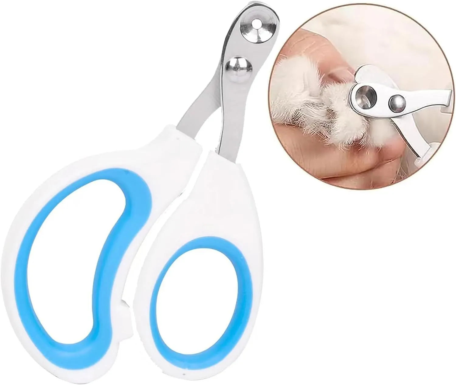 Blue cat nail clippers with circular cut hole and cushioned non-slip handle