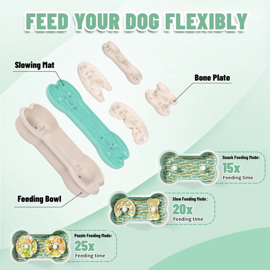 Large green slow feeder dog bowl with three rotating puzzle trays and anti-slip suction cups