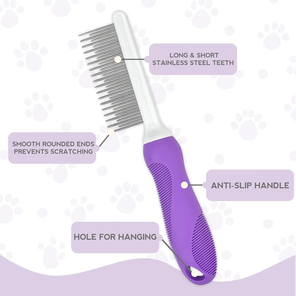 Purple pet detangling comb with stainless steel teeth on a wooden table.