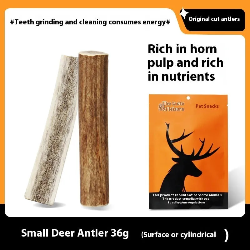 Natural antler dog chew on white background, three sizes available small medium large