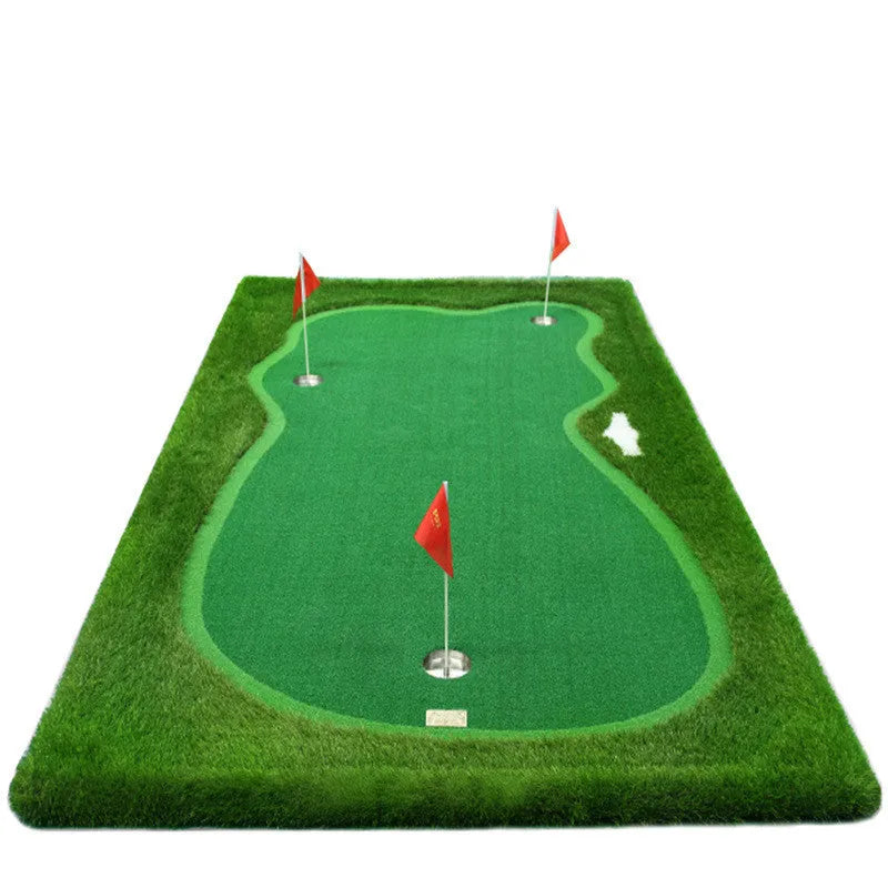 Large green artificial lawn putting mat 1.5x3m on indoor floor for golf practice