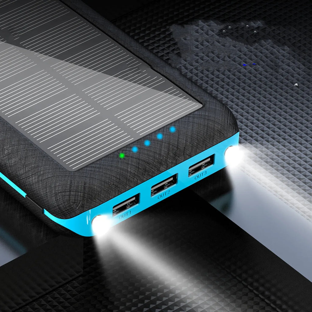 Black wireless charging power bank with three USB ports for iPhone Samsung and Xiaomi phones