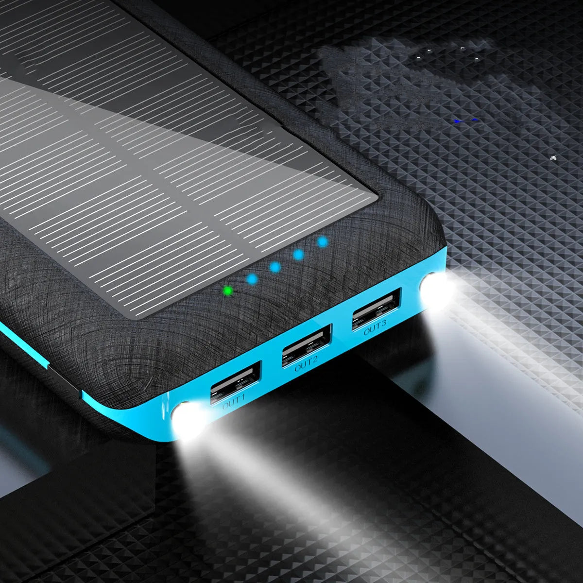 Black wireless charging power bank with three USB ports for iPhone Samsung and Xiaomi phones