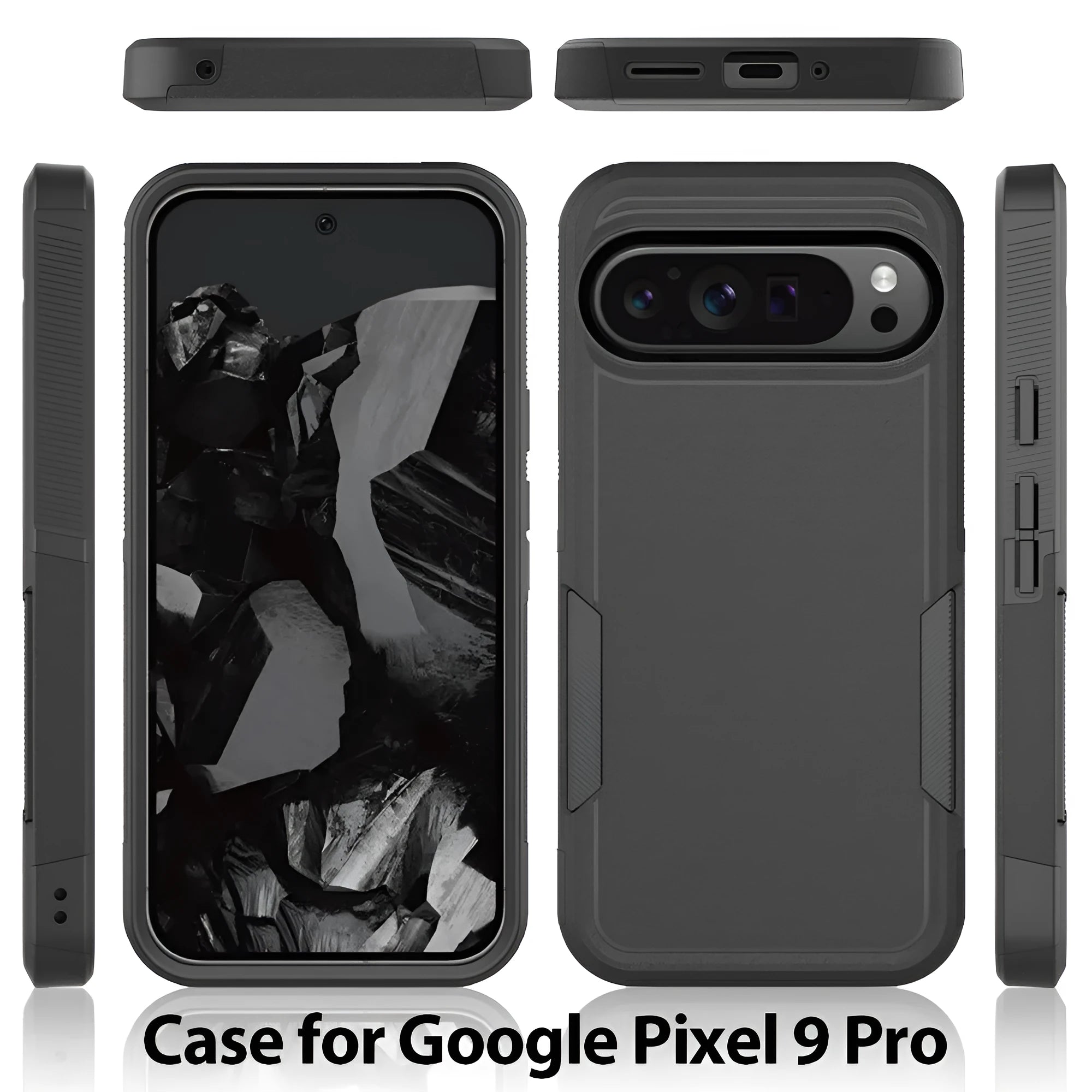 Two-in-one double-layer drop-resistant phone case for Google Pixel 9 in black with TPU and PC construction