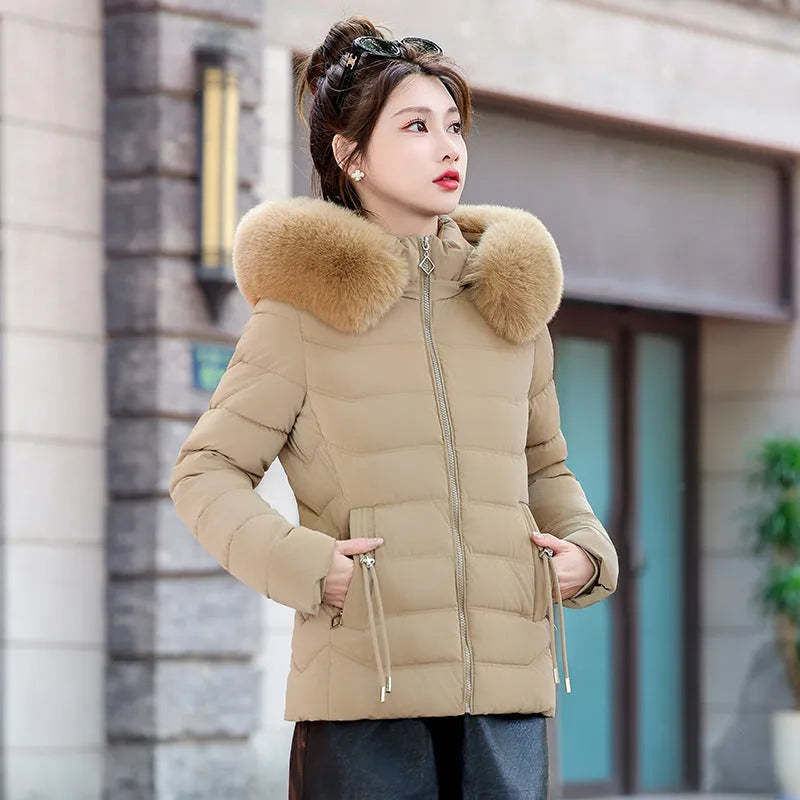 Women's removable cap thick padded jacket with fur collar in khaki colour front view