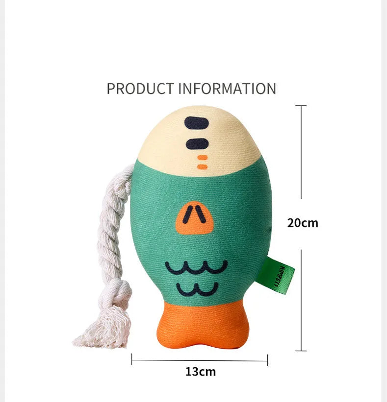 Puffhead Fish plush squeaky dog toy in green, purple, and yellow colours