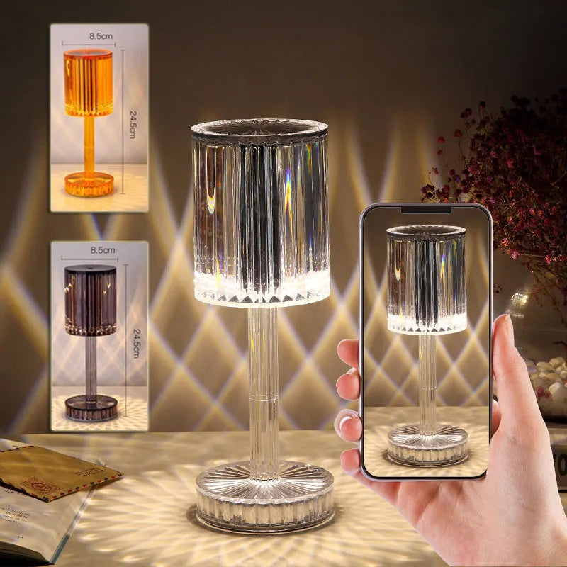 Modern crystal table lamp with touch dimming base and transparent K9 crystal bead lampshade on a nightstand.