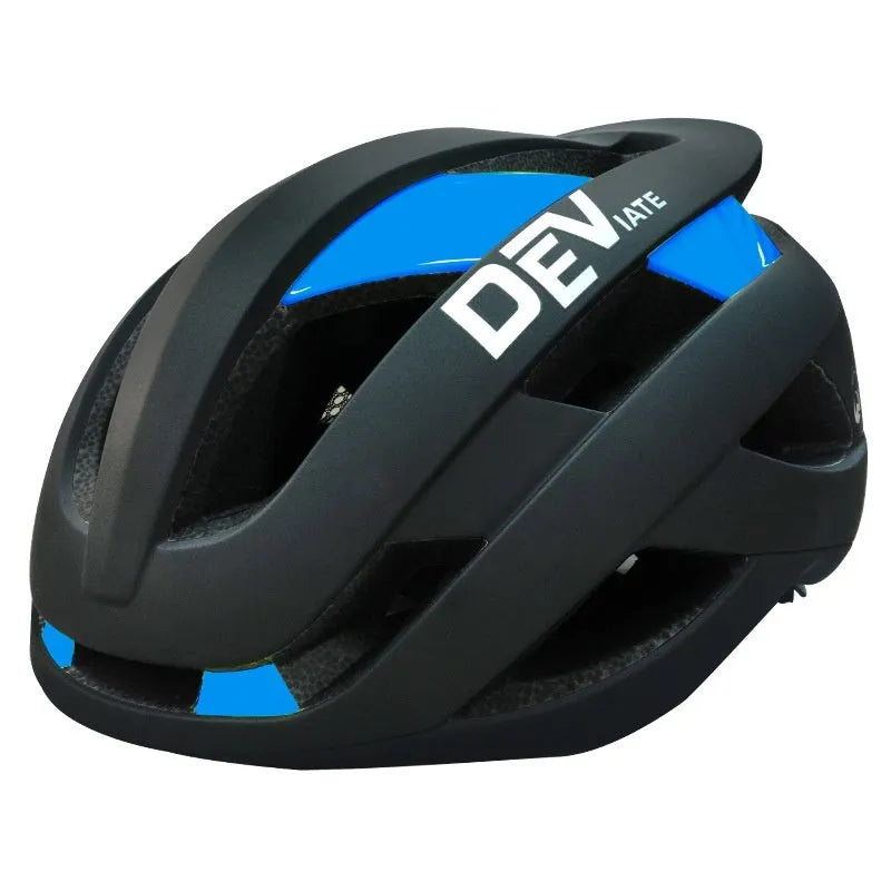 Adult bicycle helmet in matte black with colour accents, showing EPS and PC construction and adjustable fit.