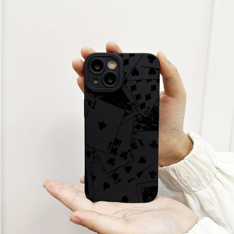 Black silicone phone case with playing cards and text design for iPhone 16 15 14 13 12 11 Pro Max