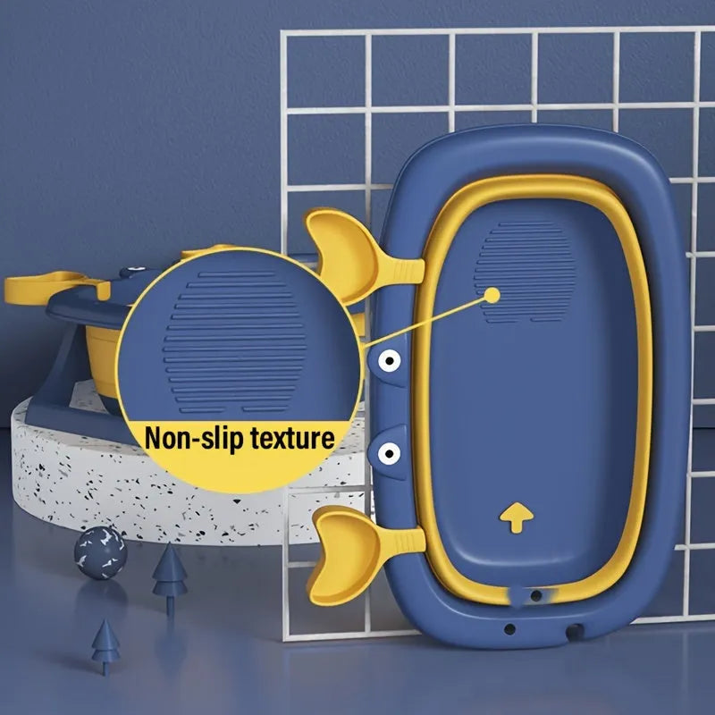 Blue foldable portable pet bath tub for small dogs and cats on a non-slip base.
