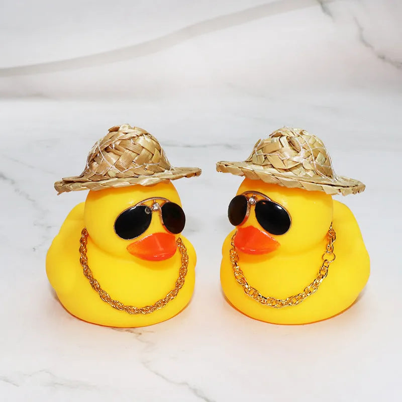 Straw hat yellow duck car dashboard ornament with sunglasses accessory on matte finish