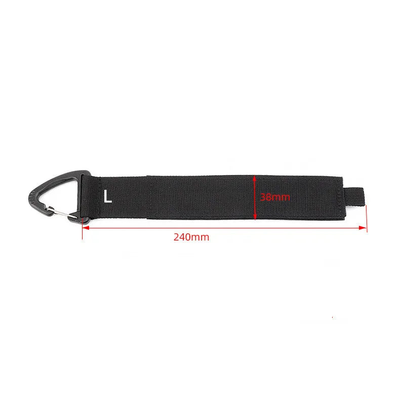 Black heavy-duty storage strap with carabiner hook and gravity strap climbing button for tool organisation