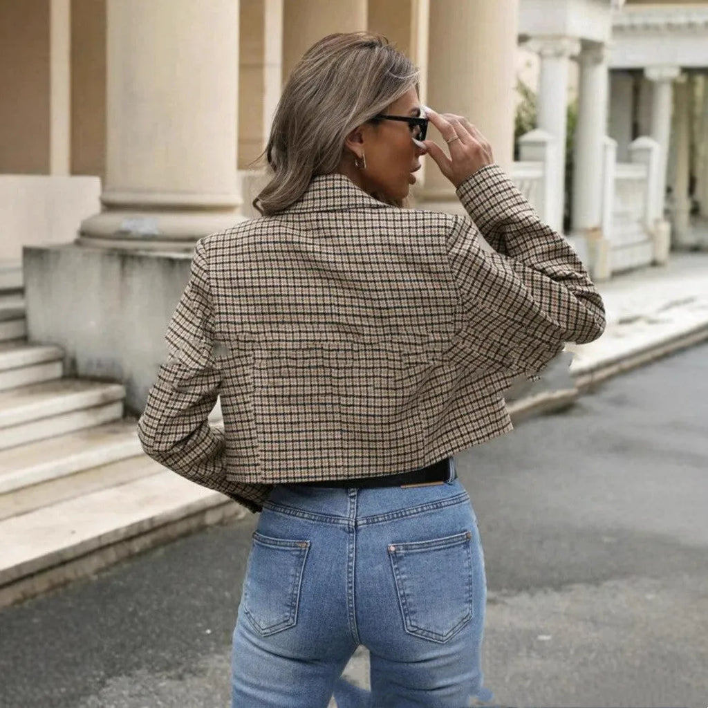 Women's short plaid coat with flocking fabric, button front, short 40cm length, two colour options
