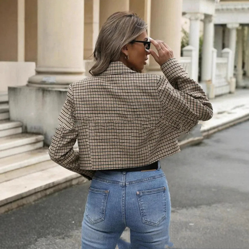 Women's short plaid coat with flocking fabric, button front, short 40cm length, two colour options