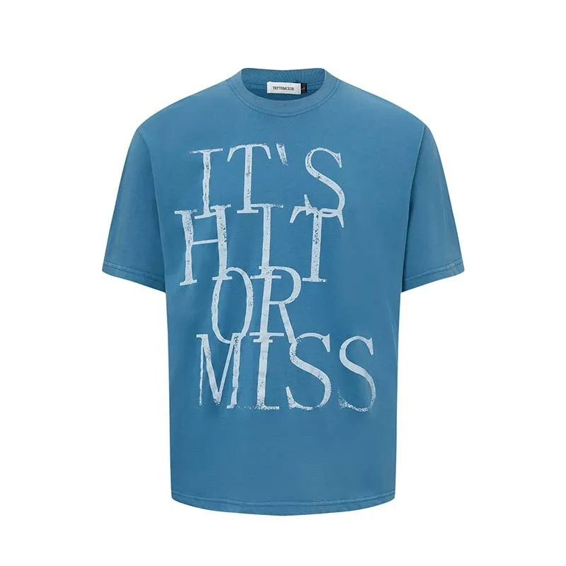 Men's blue t-shirt with white letter printing, loose fit round neck design