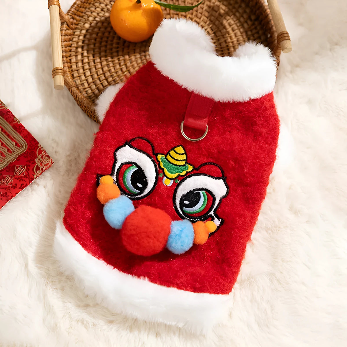Red lion dance pet vest for cats and small dogs with 3D face, faux fur trim and leash ring.