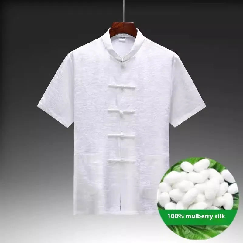 Men's Chinese-style Tang suit in mulberry silk showing white, light green, and navy blue colour options