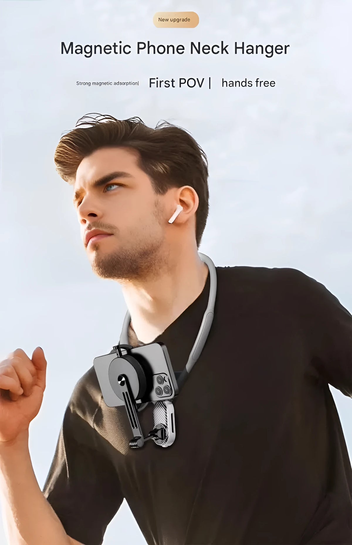 Magnetic neck strap mount for mobile phone and action camera, hands-free chest mount for live streaming and cycling.