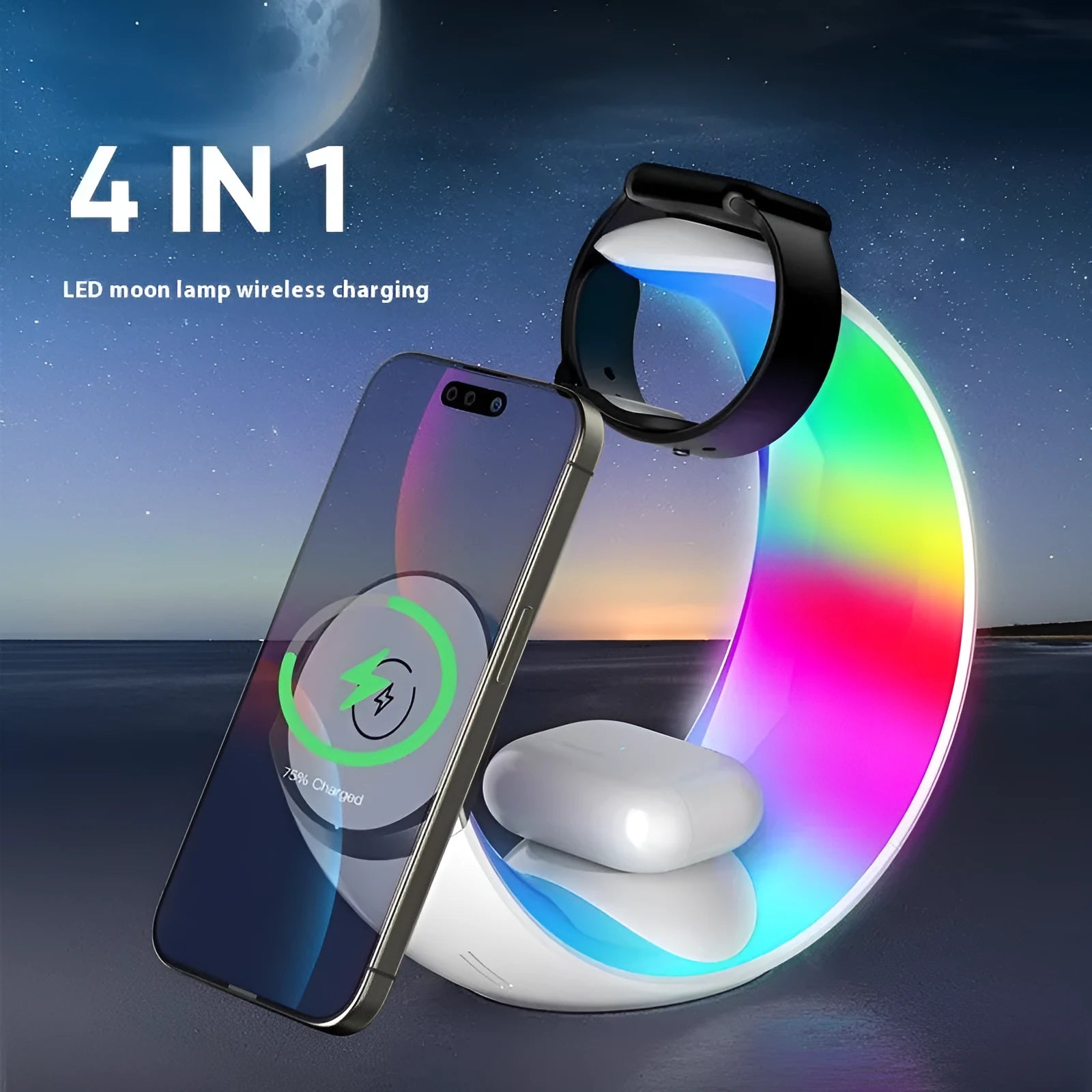 White 4-in-1 wireless charging ambient lamp with QC3.0 fast charging for phones watches headsets