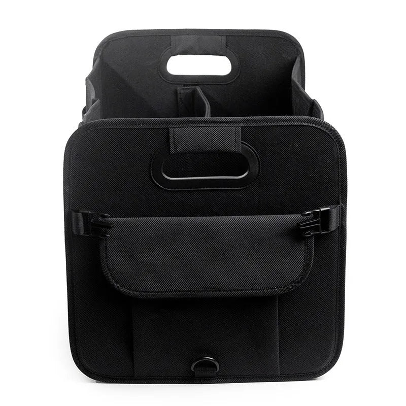 Foldable multi-compartment car trunk storage box with handle in black colour
