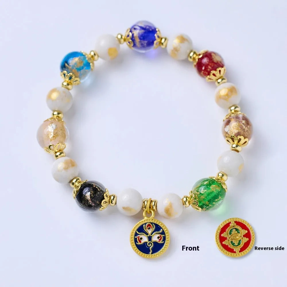 Handmade glass bracelet with five gods of wealth theme and 10mm geometric beads in national style design