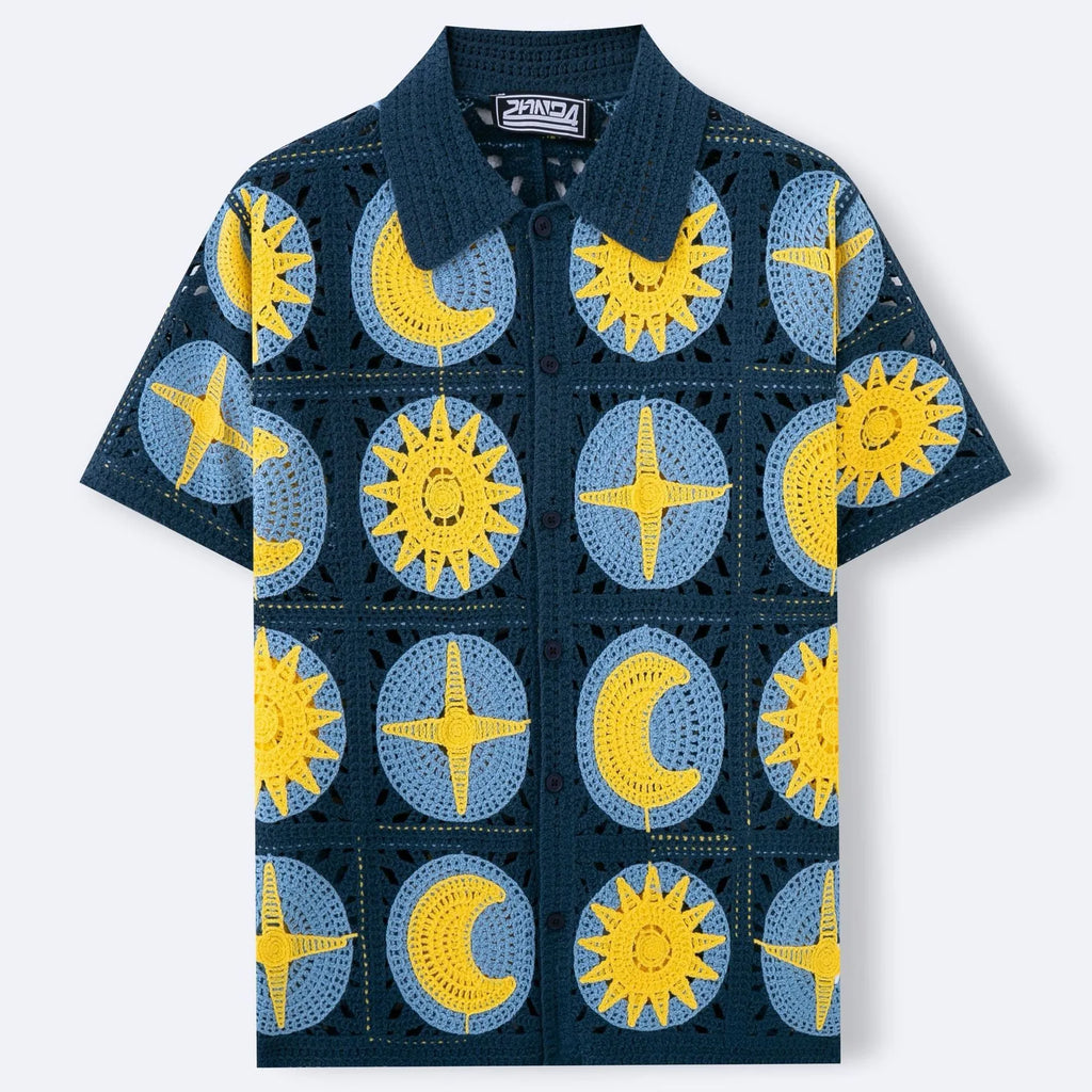 Navy blue men's short-sleeved cardigan with a cartoon flocking pattern on the front.