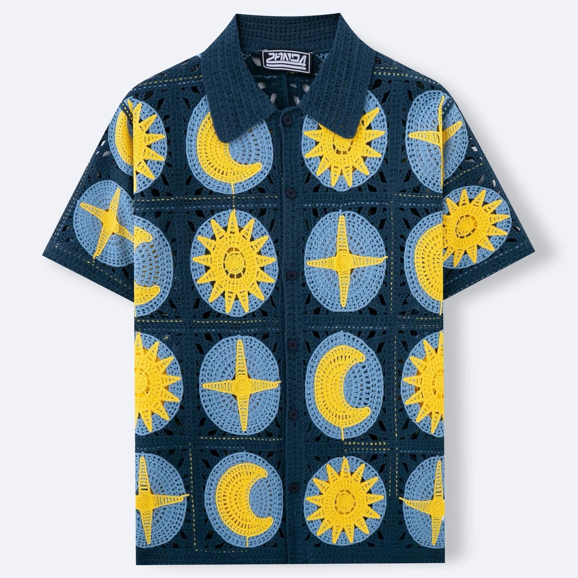 Navy blue men's short-sleeved cardigan with a cartoon flocking pattern on the front.