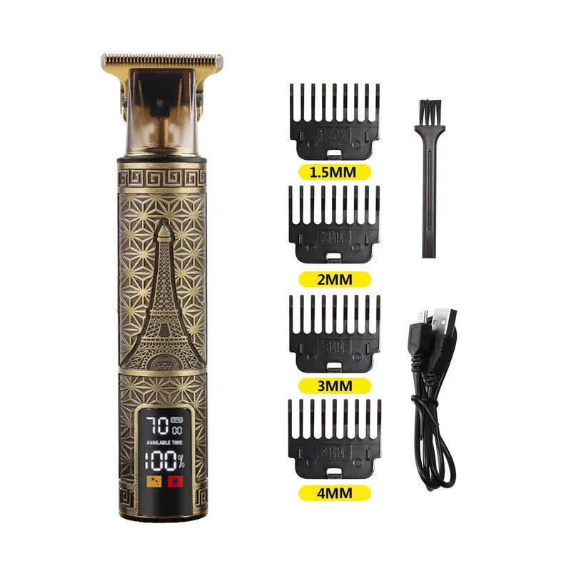 Rechargeable hair clipper with digital display, stainless steel blade, aluminium alloy shell, and 1500mAh battery
