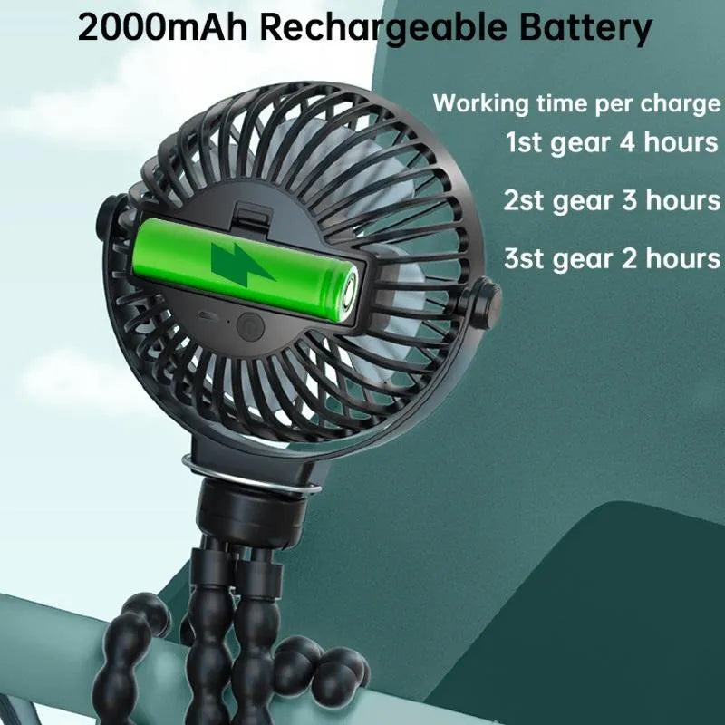 Black flexible tripod clip-on fan with 2000mAh battery, showing 3 speed buttons and 360° rotating head.