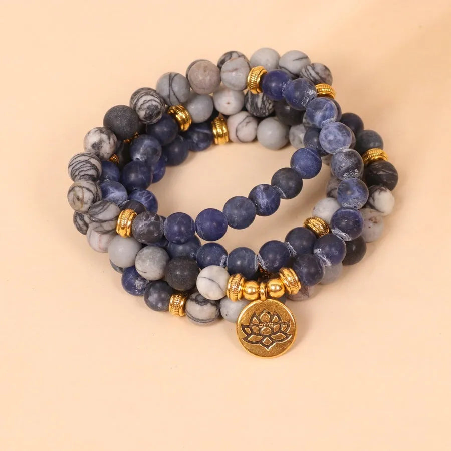 Blue multi layer alloy bracelet with patterned network stone beads in natural style