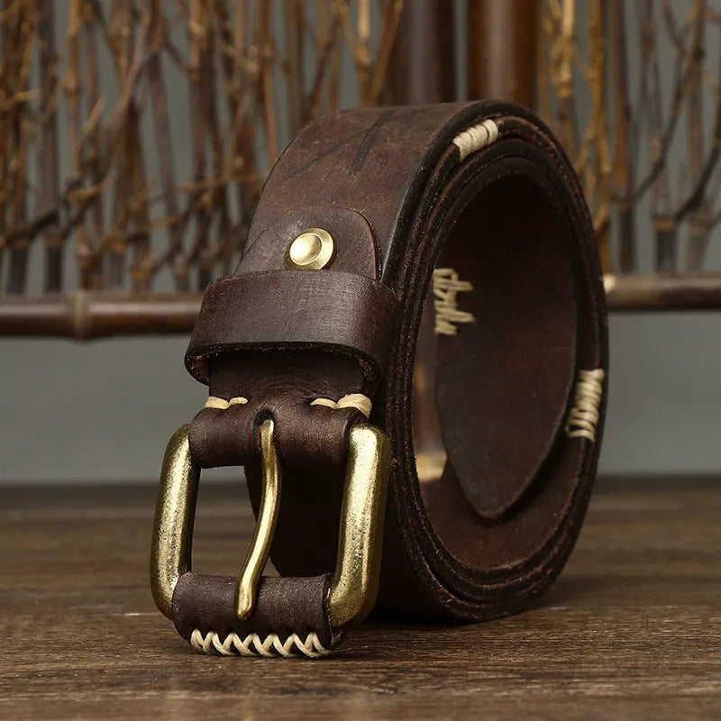 Handmade retro genuine cow leather belt with copper buckle in brown colour
